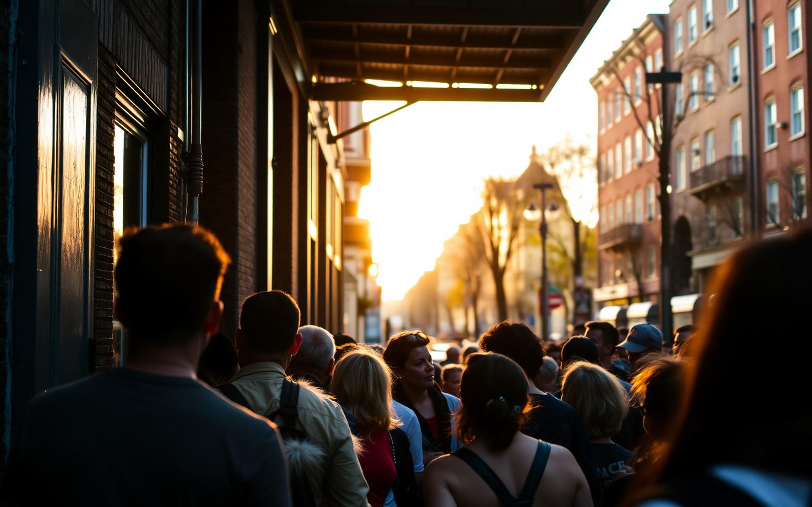 People gathered on the street below the window, listening to a session