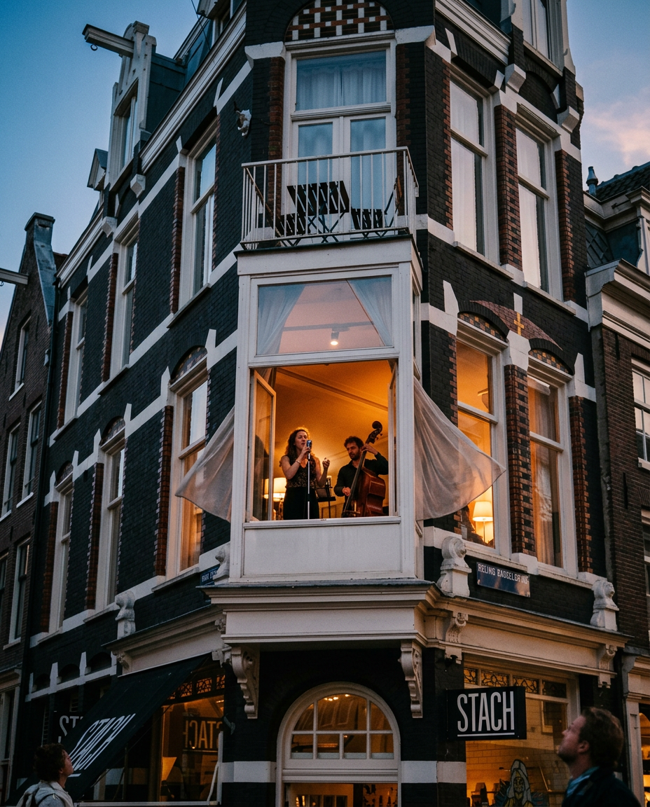 A jazz duo playing together in the white bay window on Kerkstraat